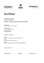 Teilnahmezertifikat für Seminar zur Parkettverlegung und -renovierung von Wakol und Lägler.